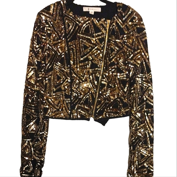 Women's Size Medium Cropped Black and Gold Sequins Formal Jacket - Picture 1 of 4
